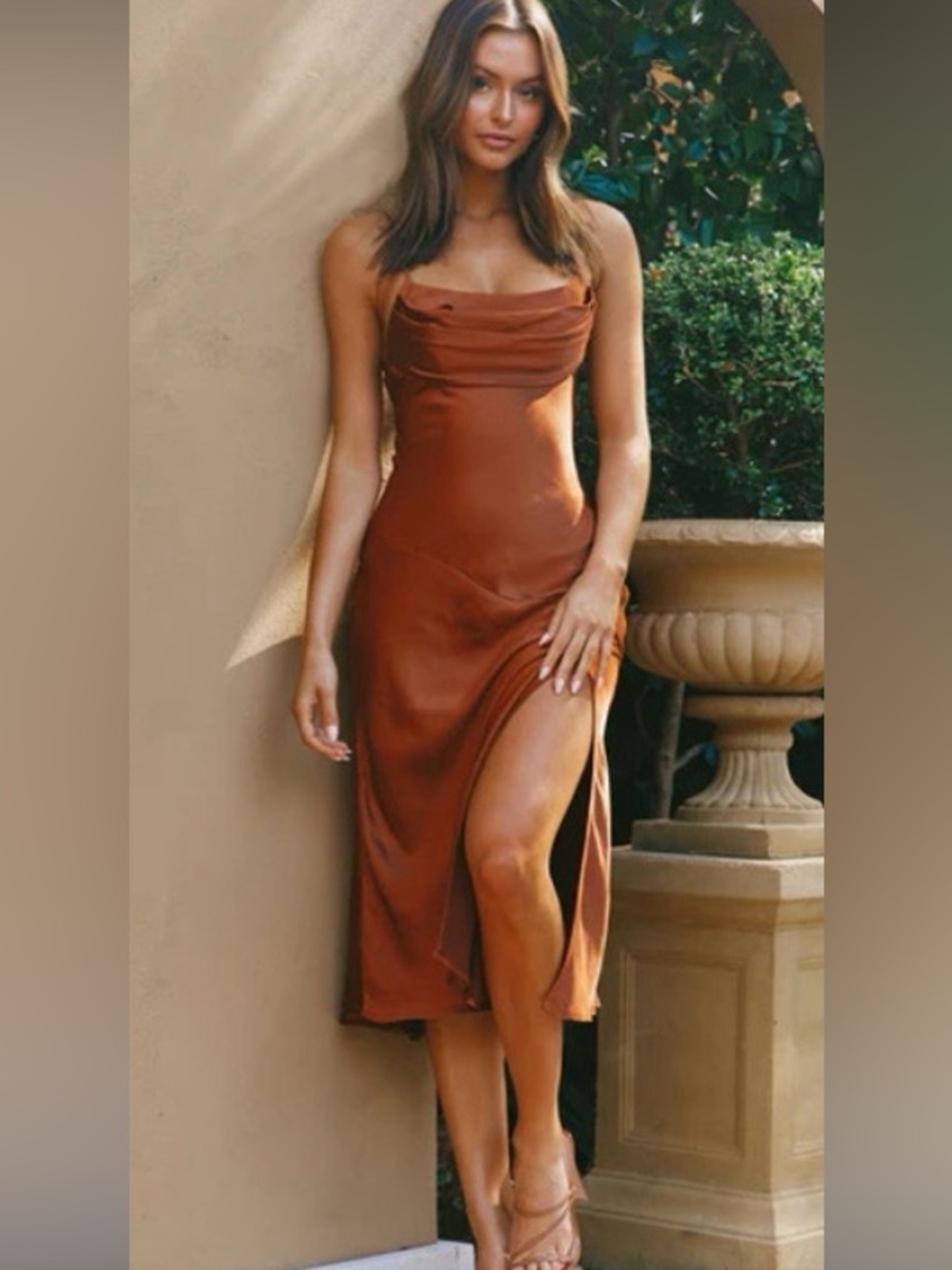 Brand New Selfie Leslie Satin Cowl Slip Midi Dress in Rust